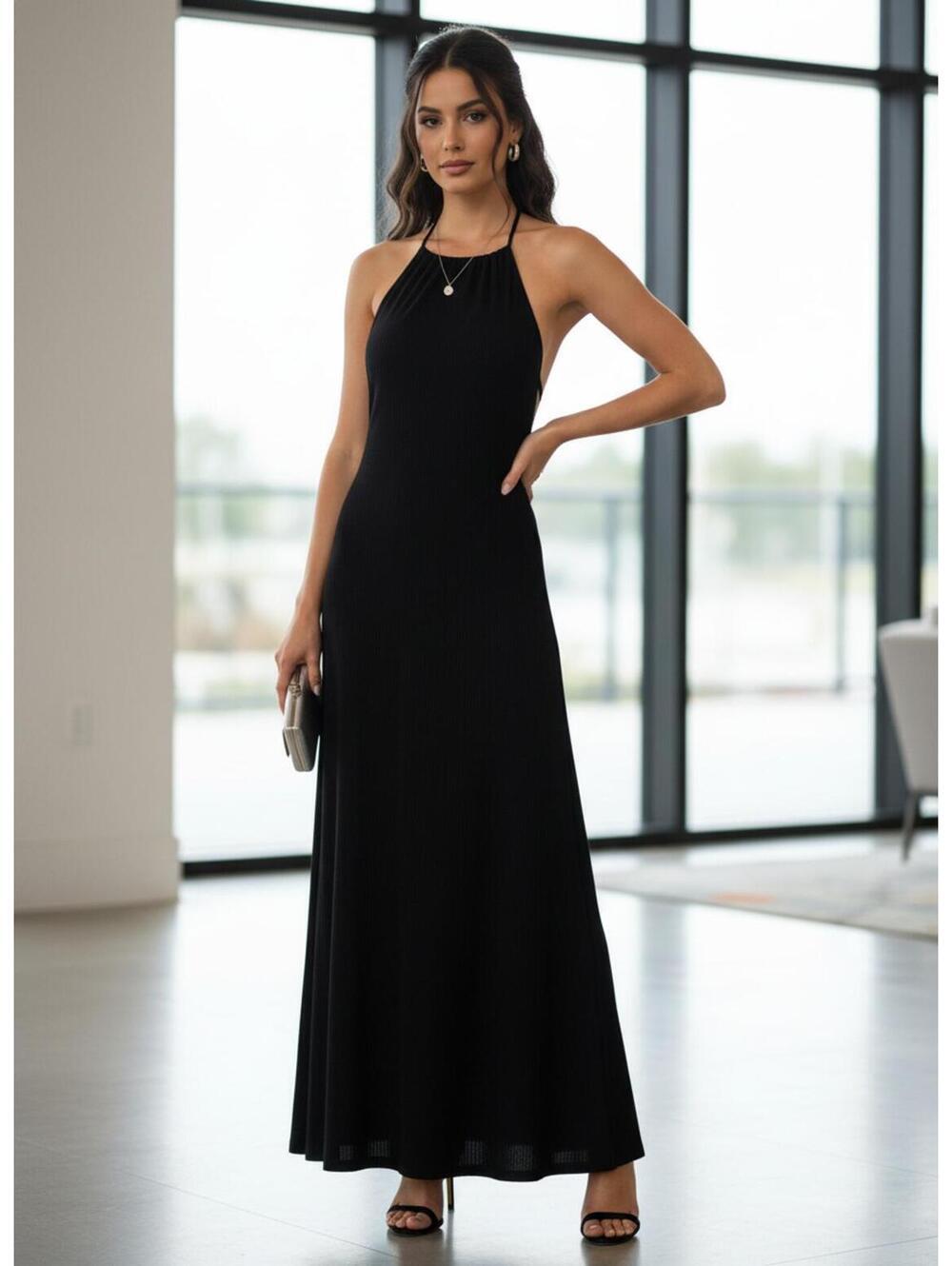 American Eagle Outfitters Black  Large  Strappy Vacation Long Ribbed Maxi Dress